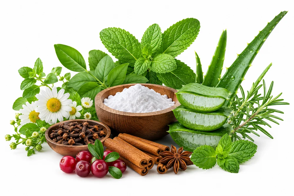 Editorial illustration of natural ingredients associated with oral-care supplements